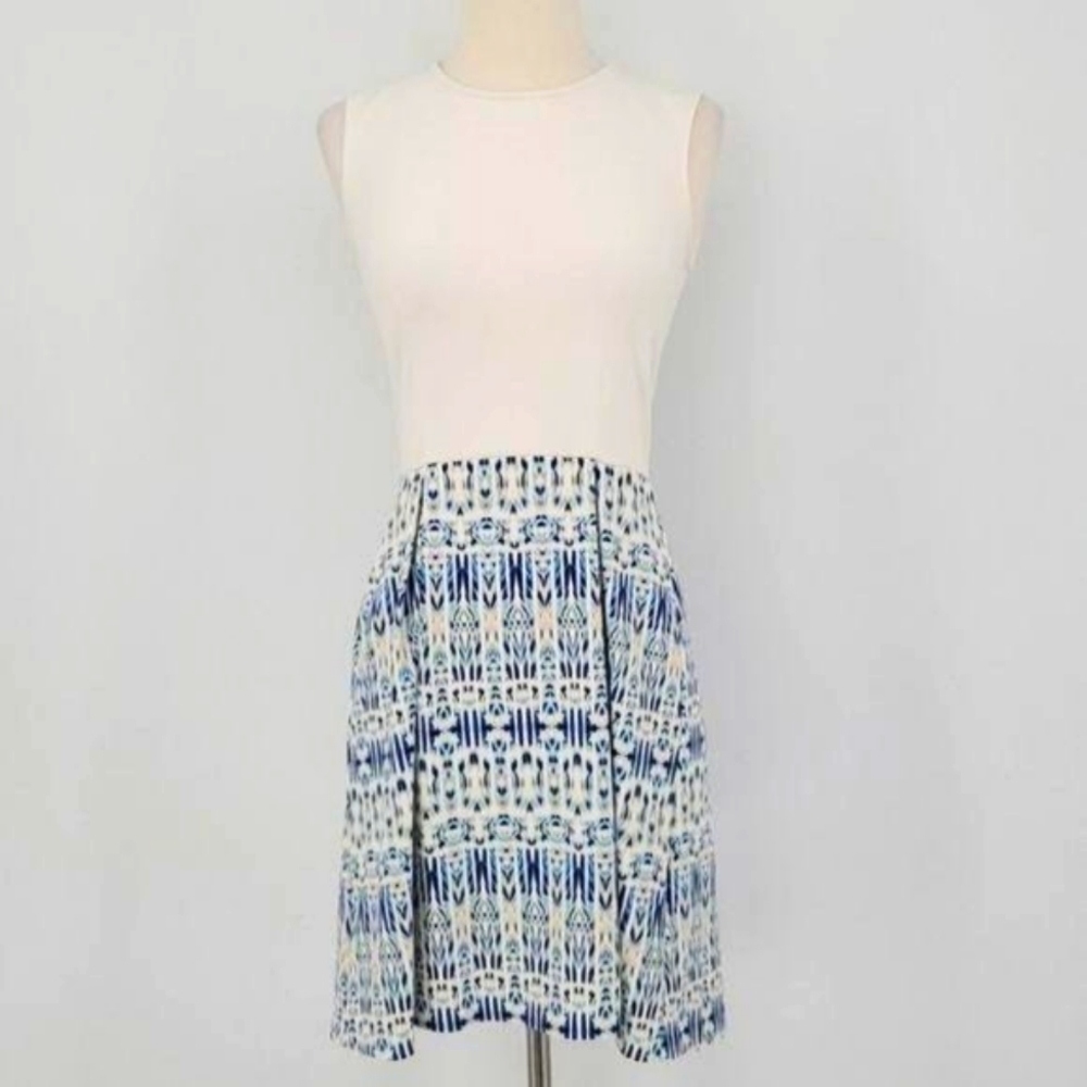 Cynthia Rowley White and Blue Ikat Print Sleeveless Stretch Sheath Dress X-Small